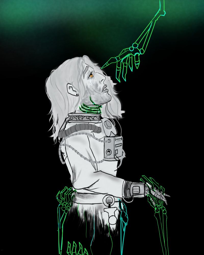 a waist up of achilleas from rogue trader. he is in darkness, in greyscale, with sickly green and turquoise skeletal hands representing the drukhari grabbing at him