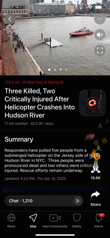 citizen app screenshot: three killed, two injured after helicopter crashes into hudson river 