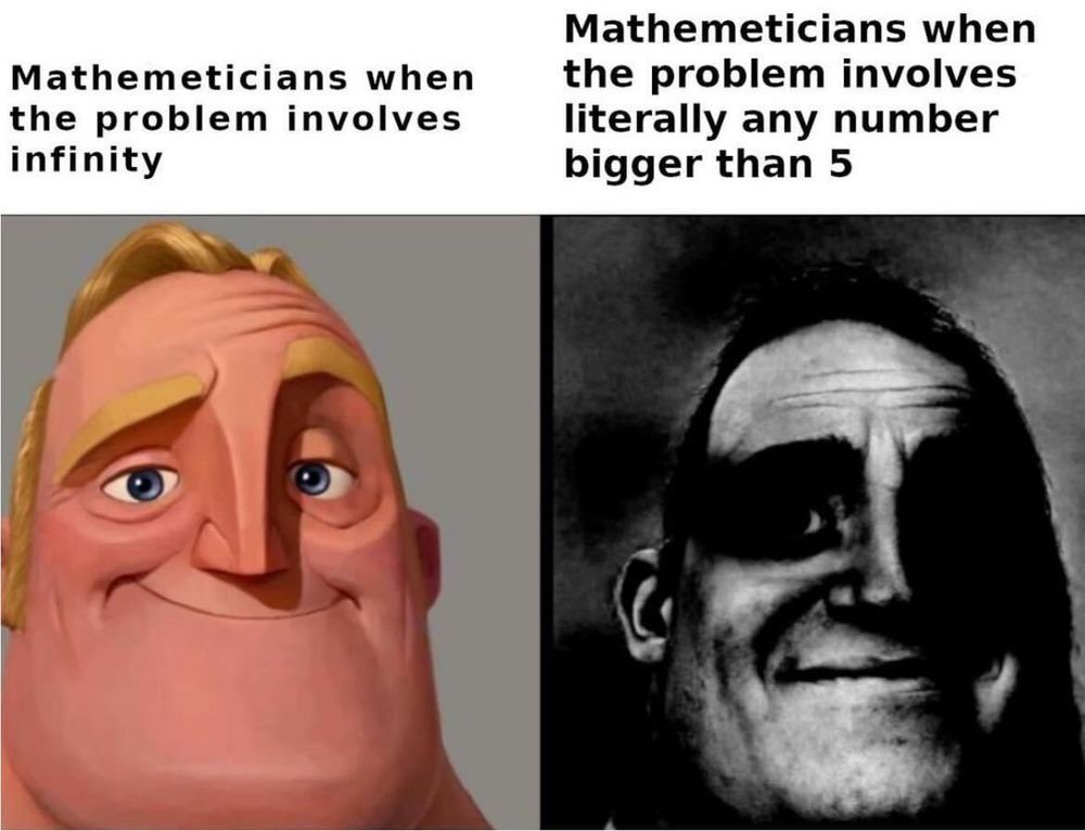 mr incredible turning uncanny meme

"mathematicians when the problem involves infinity"
Mr Incredible is happy

Mathematicians when the problem involves literally any number bigger than 5
Uncanny Mr Incredible
