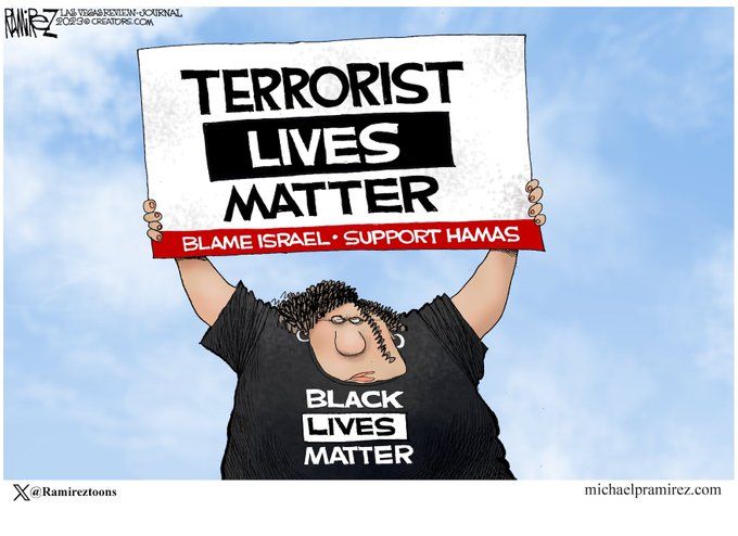 very racist drawing of a black woman in a Black Lives Matter T-shirt holding up a sign Terrorist Lives Matter in the same formatting, underneath it says Blame Israel, support Hamas