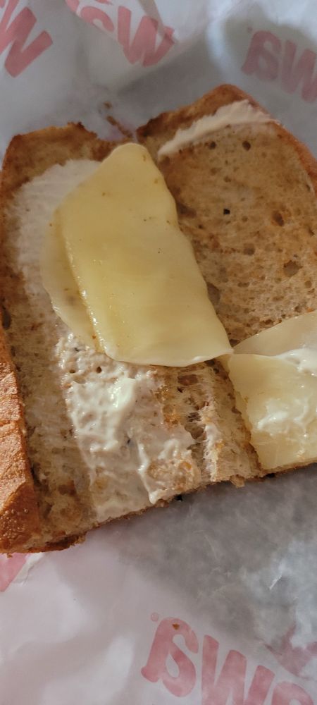 A sandwich that only has two slices of cheese and a little bit of mayo. 