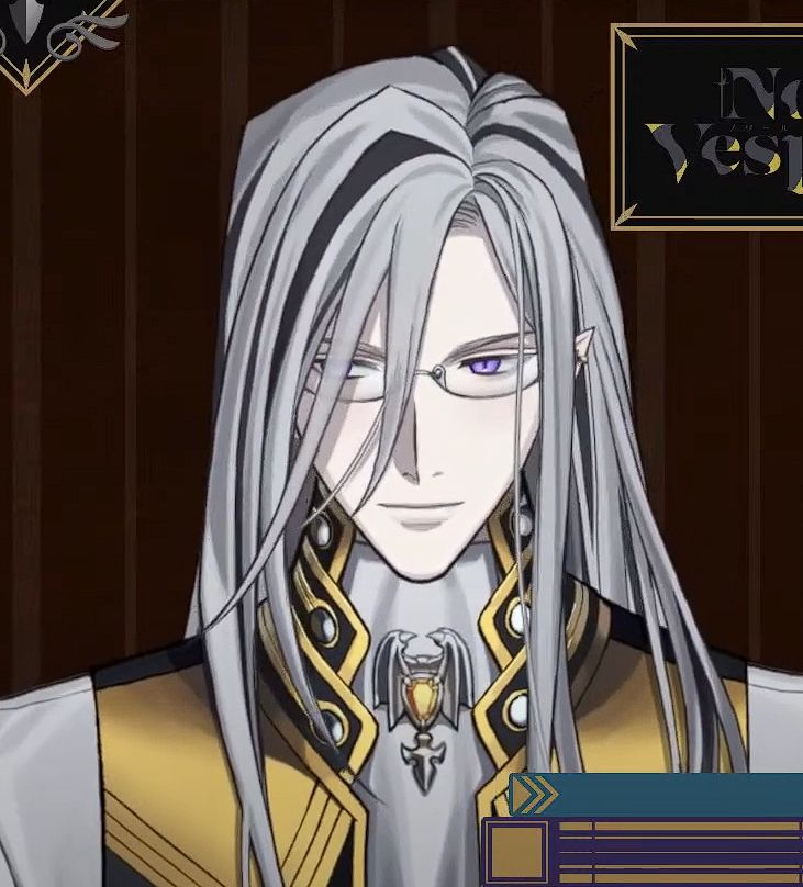 A screencap of Holostars English Tempus’ late talent Vesper Noir. He’s looking to the left, smiling and blushing faintly.
