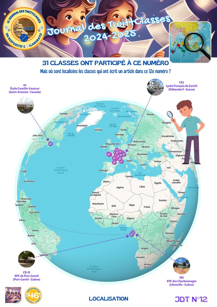 Découvrez la carte des classes francophones du monde qui ont participé à ce 12e numéro du Journal des TwittClasses : Canada, Suisse et Gabon.