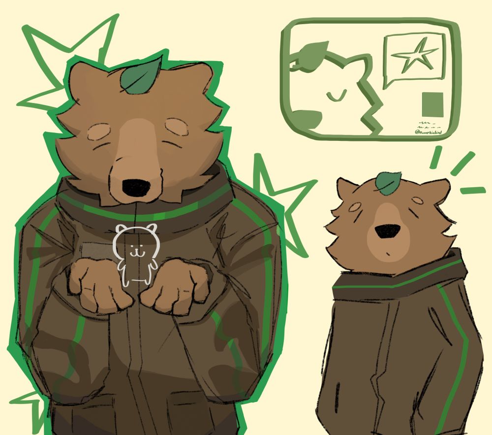 A drawing of my furry fursona bear thing in different poses, green highlights are everywhere