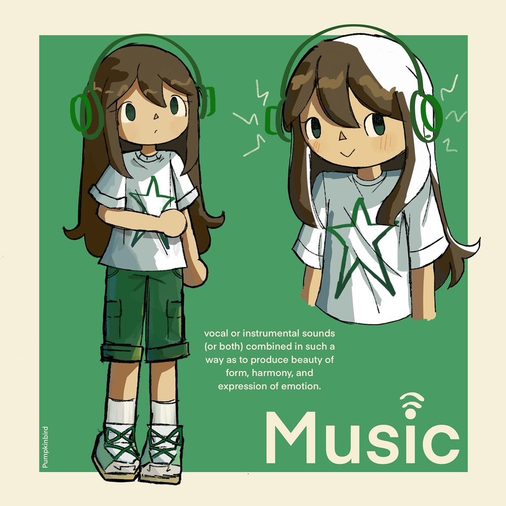 A drawing of a girl listening to music