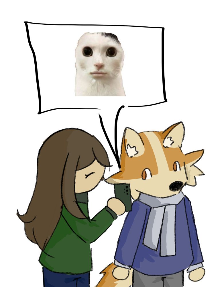 A drawing of a girl showing her friend an image