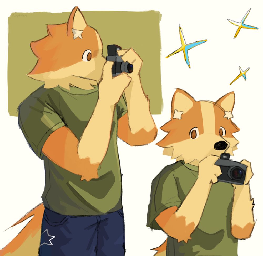 A drawing of my furry characters holding a camera in different poses
