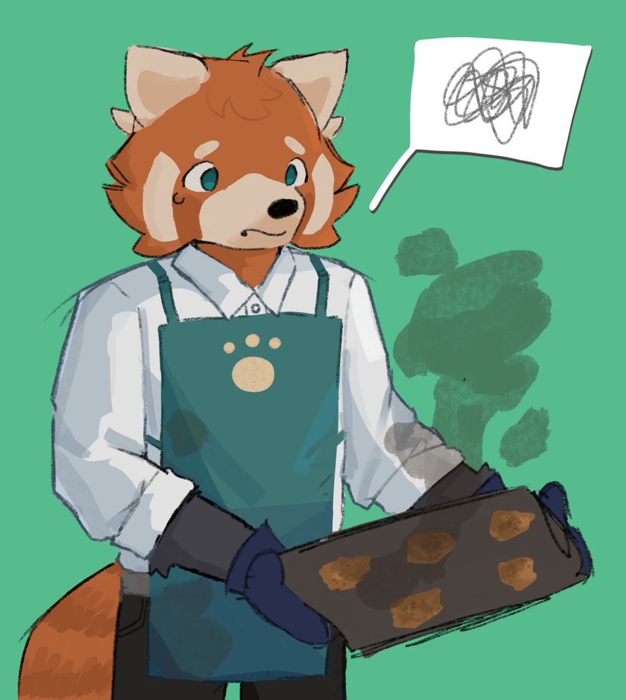 A red panda furry holding a pan of burnt cookies