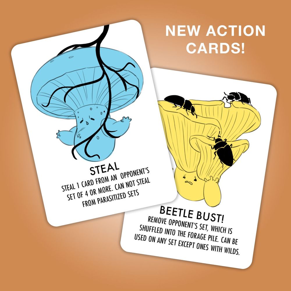 Ad featuring artwork from the mushroom card game "Shrumans" with anthropomorphic mushrooms on "action cards" including "steal" and "beetle bust".