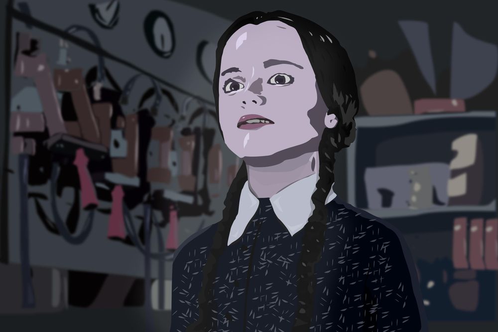 En illustration av Wednesday. Bilden är ett försök att återskapa scenen där hon sätter sin lillebror i den elektriska stolen.