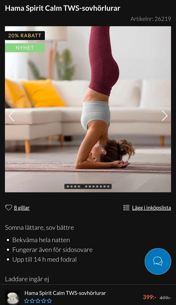 Skärmbild från Kjell och Company. 
Bild från marknadsföringen av hörlurar med en ung kvinna som utför någon form av yoga där hon står på huvudet