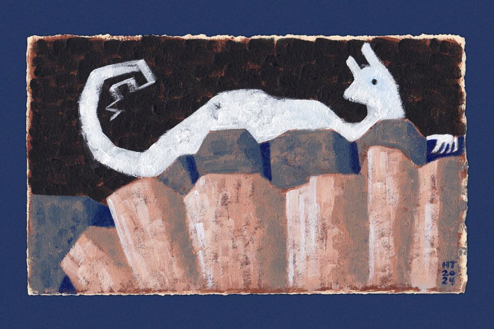 An acrylic painting on cream paper. A quadrupedal creature rests on a blue and tan rocky clifftop. The creature’s pale body and long tail contrasts against a dark sky.
