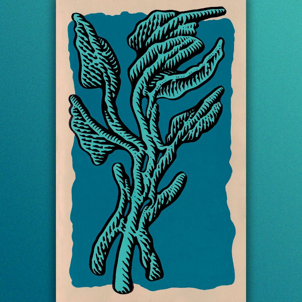 Scanned image of a sketchbook page. It’s a painting of an organic form resembling a plant’s shoot system in bluish-green. The background is a darker blue-green box with uneven edges and the rest of the page painted tan.