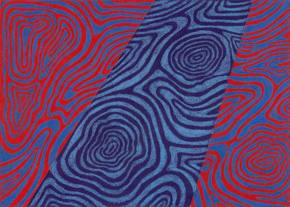 Scanned image of a painting. It has abstract shapes drawn with light blue color pencils on a red and blue acrylic background.