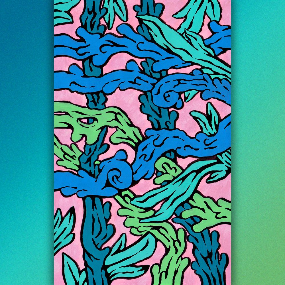Scanned image of a sketchbook page. It’s a painting of various vine-like, organic masses overlapping one another across the page. They come in a variety of blues and greens on a pink background.