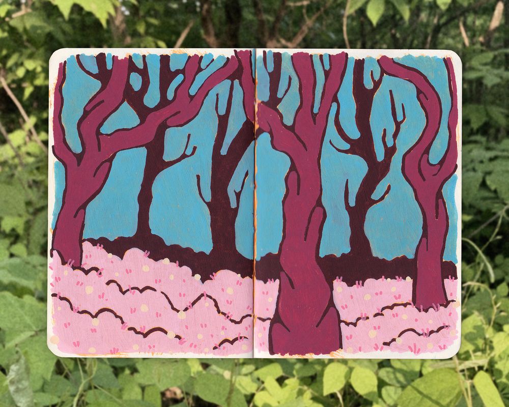 A sketchbook spread of a pink painted forest.