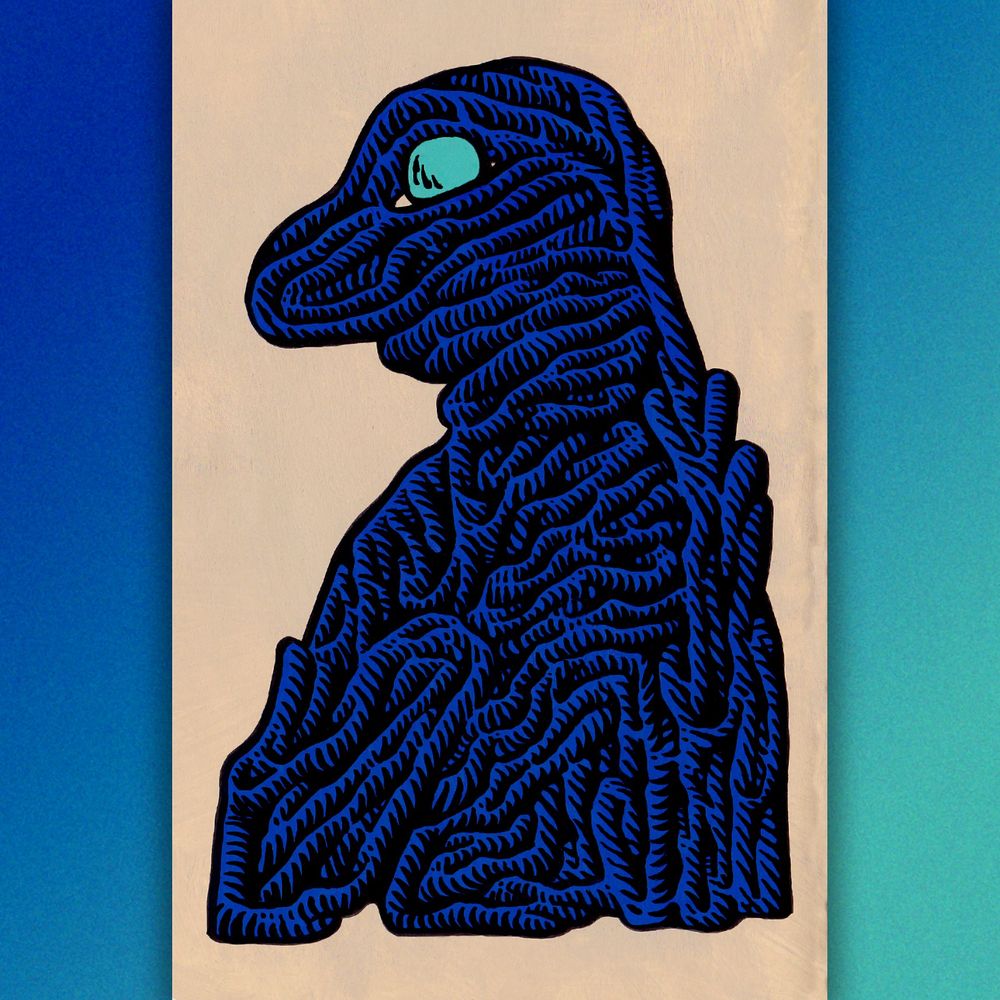 Scanned image of a sketchbook page. It’s a painting of a snouted “creature" made of blue cords on a tan background. A light blue orb rests where the creature’s eye should be.
