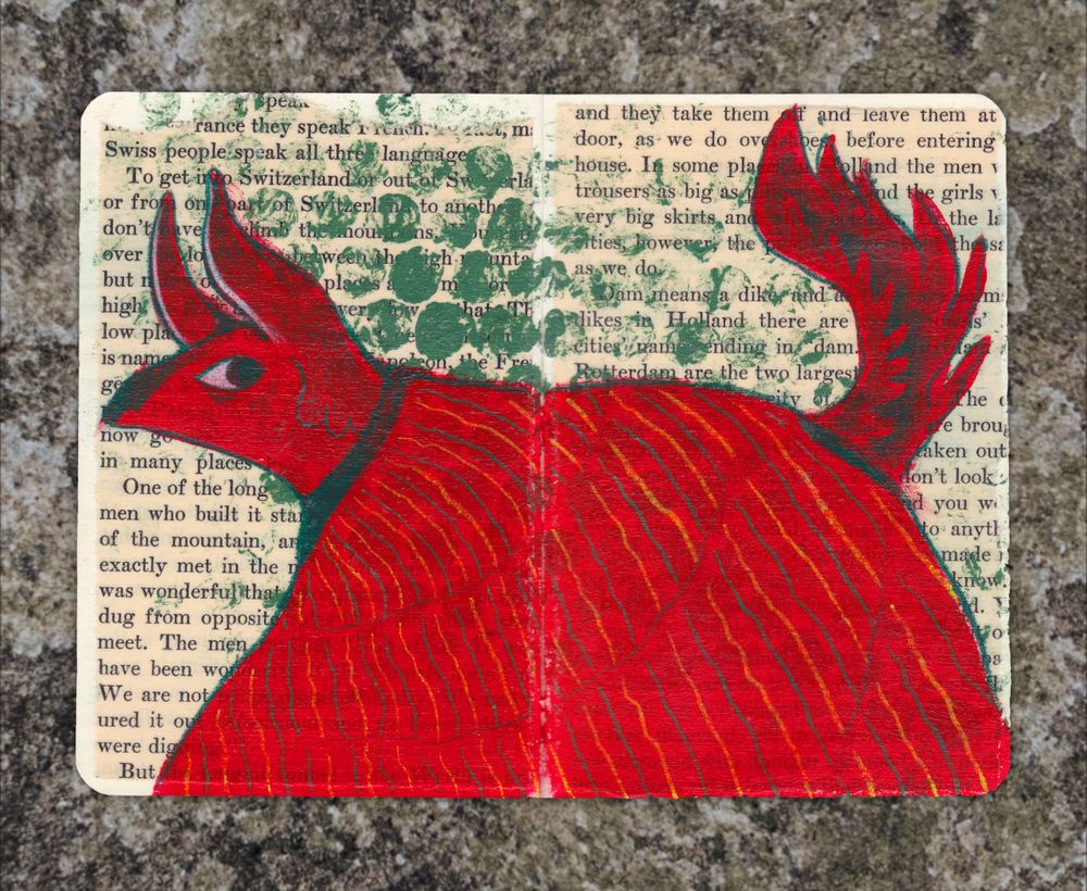 A scanned spread of a red and blue horned beast painted on top of torn book pages.