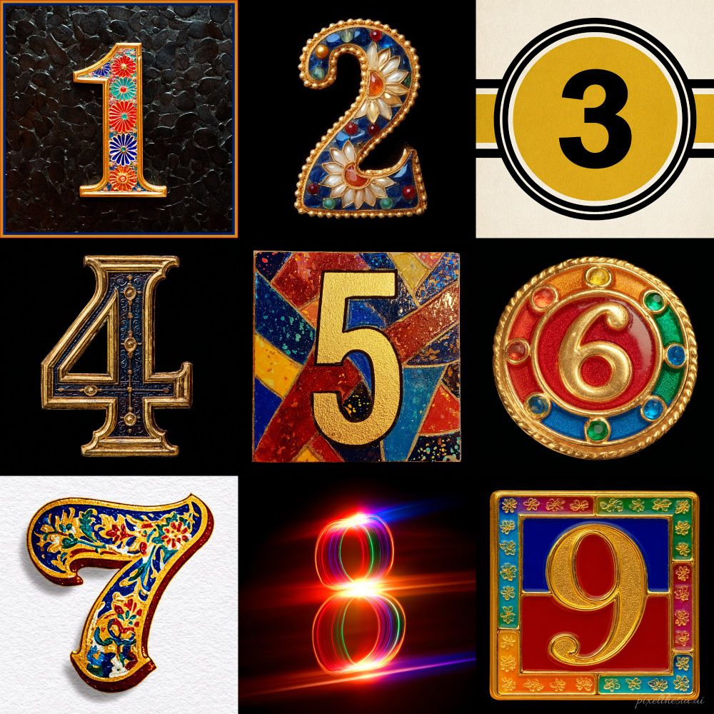 A 3x3 grid showcasing numerals 1 through 9, each rendered in a unique style, ranging from traditional folk art and medieval craftsmanship to modern geometric design and futuristic digital effects.

1: Golden, adorned with vibrant floral motifs including red chrysanthemum-like flowers, green leaves, and blue circular blooms arranged vertically. Set against a dark, cracked textured background resembling aged stone.

2: Ornate blue, decorated in cloisonné style with white and cream daisy designs. Features an elegant golden rope-like border with beaded details, creating a jewelry-like appearance against a black background.

3: Bold black, centered within a bright golden-yellow circle, surrounded by alternating black and white concentric rings in a modern geometric design.

4: Gothic-inspired bronze, with three-dimensional embossed quality and ornate decorative studs. The medieval styling gives it the appearance of ancient metalwork against a dark background.

5: Golden, set against a stained glass-inspired background of irregular geometric segments in deep blue, burgundy red, golden yellow, and orange, creating a mosaic-like cathedral window effect.

6: Elegant golden, on a rich red circular background, framed by a decorative border studded with alternating blue, green, and amber gemstones, reminiscent of fine jewelry or royal regalia.

7: Decorative, showcasing intricate folk art patterns with elaborate floral and geometric designs in deep blue, red, gold, and white, drawing from traditional Eastern European or Persian ornamental styles.

8: Futuristic, with glowing neon effects, appearing as translucent rings with bright rainbow-colored light emanating from the edges, creating lens flares and light streaks against a dark background.

9: Luxurious golden, on a deep red background, contained within an ornate rectangular frame decorated with intricate golden border featuring small repeated floral motifs, resembling illuminated manuscripts.
