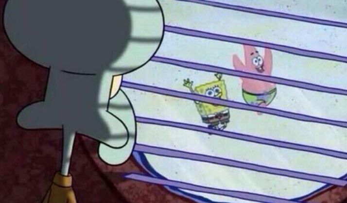 Squidward sadly looking out the window as SpongeBob & Patrick run around smiling 
