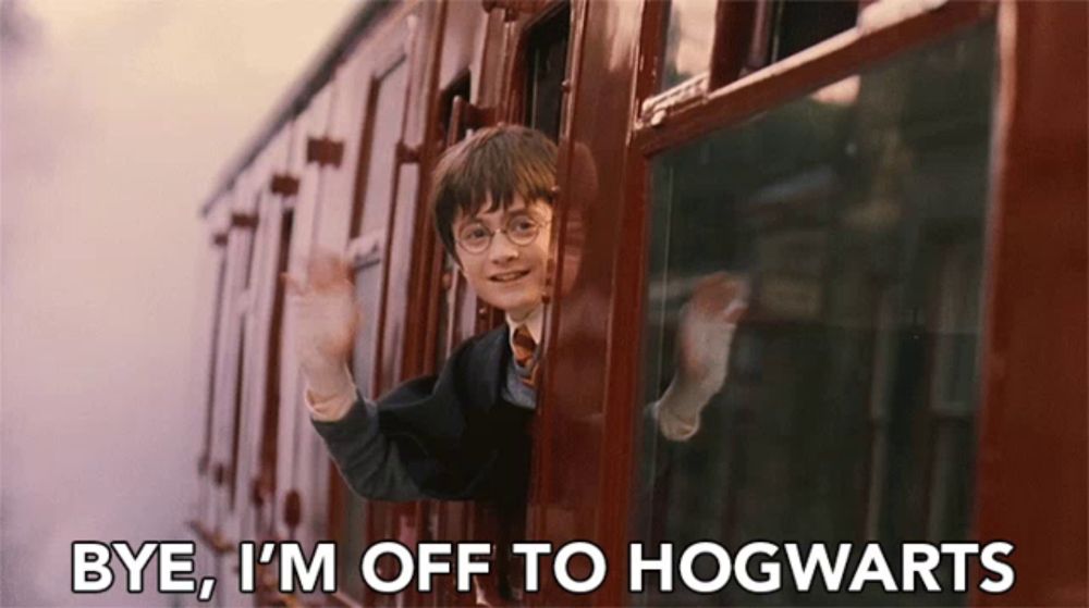 harry potter is waving from the window of a train and saying bye i 'm off to hogwarts .