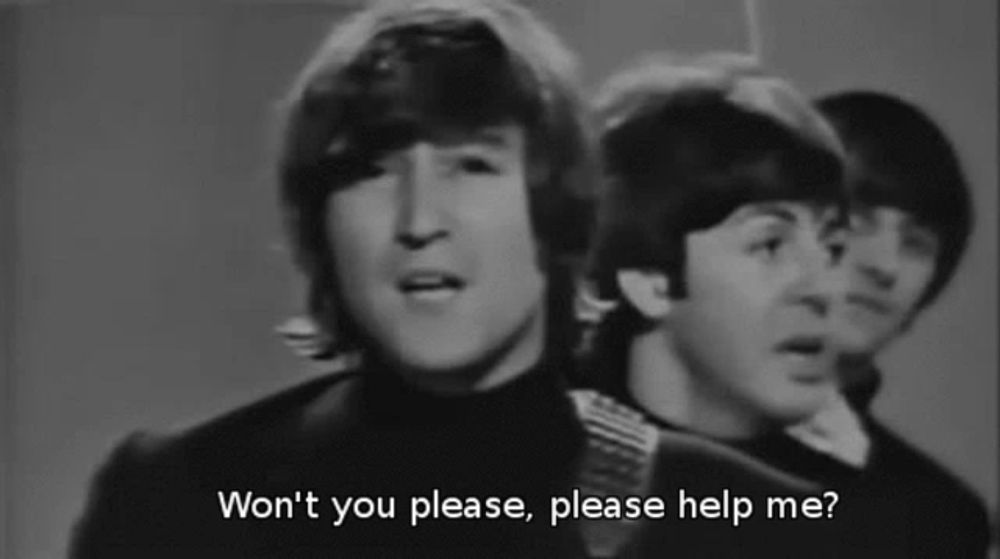 a black and white photo of the beatles with the words " won t you please please help me " on the bottom