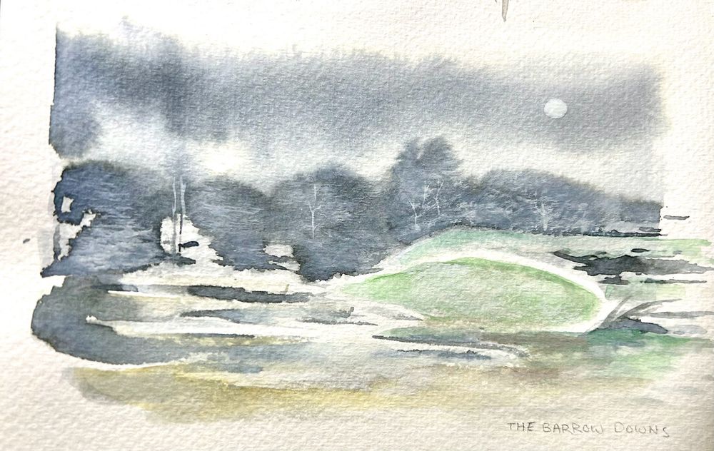 A watercolour painting of the barrow downs