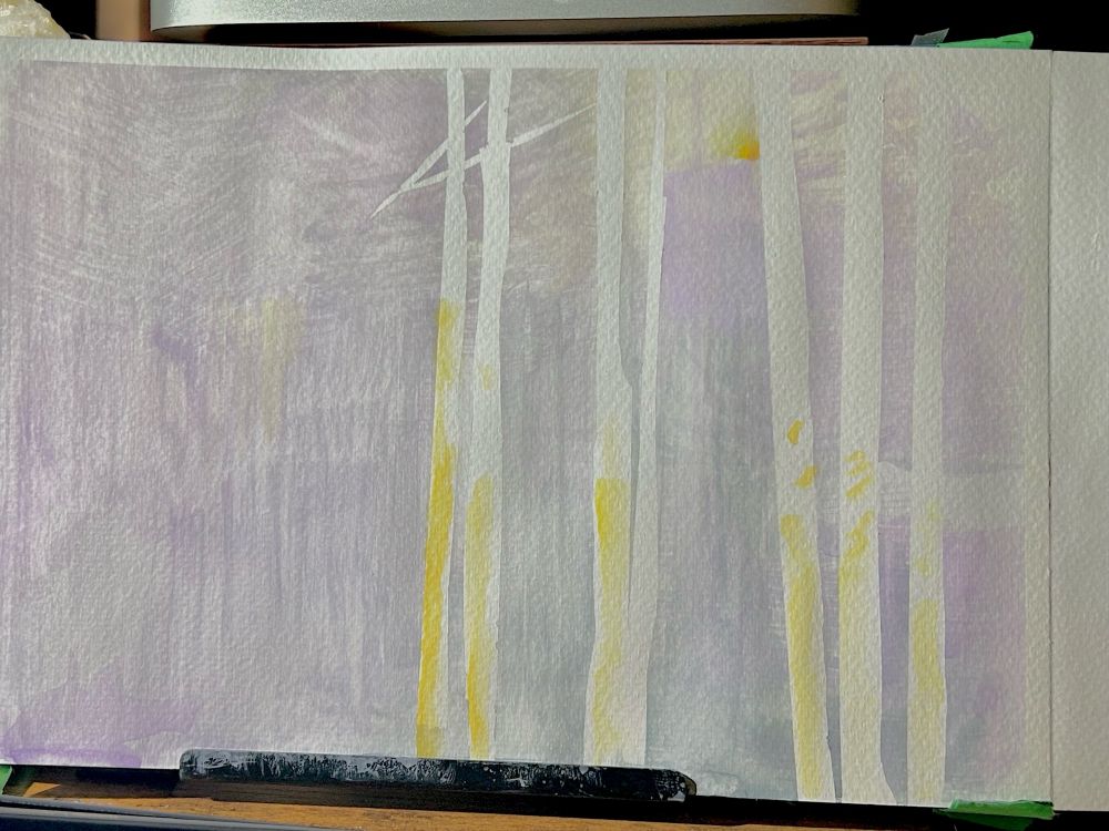 A mediocre muted watercolour gouache painting of bright golden birch trees against a backdrop of grey and purple misty forest