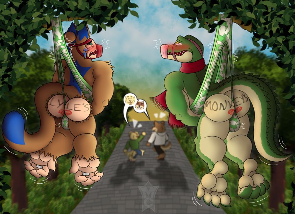 My fursona, Monkey, and Lyle from the movie "Lyle, Lyle, Crocodile" hanging from Lyle-themed underwear in a park. They are naked except for Lyle's scarf, and the thongs wrapped around each other's snouts, forcing them to smell the other's musk. They also have each other's name, as well as hearts, written in permanent marker on their asscheeks. Jake and Honey, the perpetrators, can be seen walking away laughing.