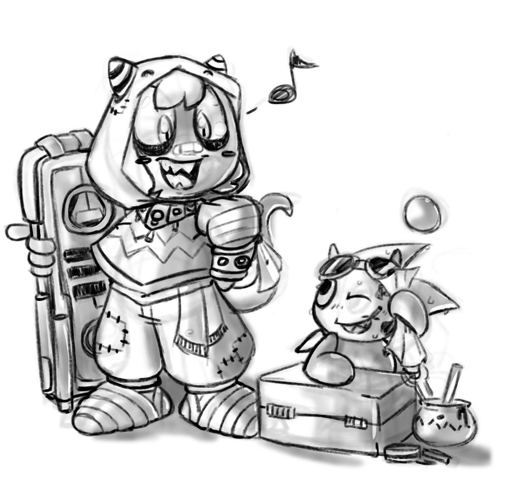 A picture of a younger Zori, with their first extreme gear ever. To the right sits Tabi, who looks rather proud of their handiwork and is giving a rare smile.