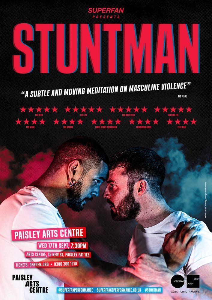 A poster featuring red text on a black background and an image of two people who are resting their foreheads together and looking into each other's eyes. The text reads 'Paisley Arts Centre, Wed 17th September, 7.30pm. Arts Centre, 15 New St, Paisley. Tickets - oneren.org.uk - 0300 300 1210.'