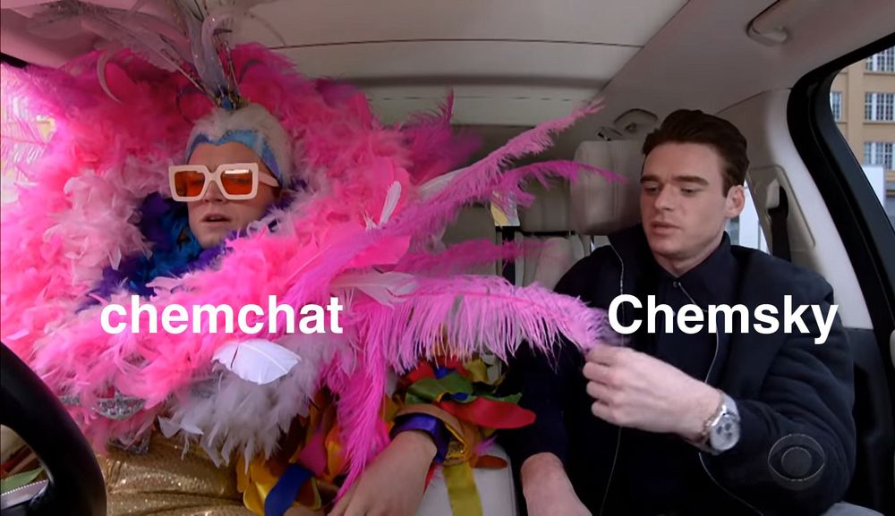 Taron Egerton and Richard Madden in Carpool Karaoke - chemchat is wearing pink feathers and large sunglasses (an homage to Elton John) and chemsky looks somewhat professional and buttoned up