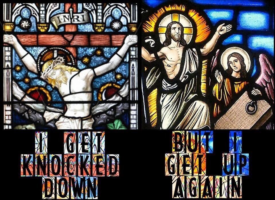 Two stained glass windows side by side. 
On the left is Jesus crucified on the cross with the words "I get knocked down" below.
On the right is the risen Christ with the words "but I get up again" below.