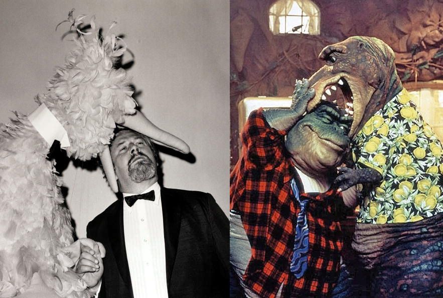 left: Big Bird bites Peter Ustinov's head at the 1970 Emmy Awards. 
right: Roy Hess bites Earl Sinclair's head in the 1991 Dinosaurs episode "The Howling"