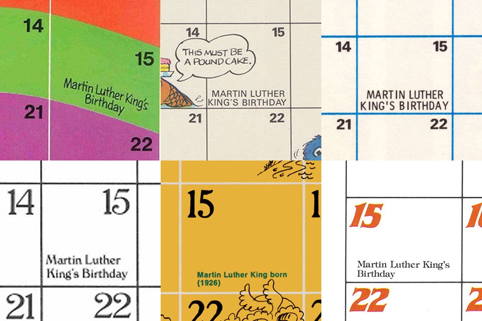 excerpts from Sesame Street calendars observing Martin Luther King Jr's birthday beginning with their first publication in 1972