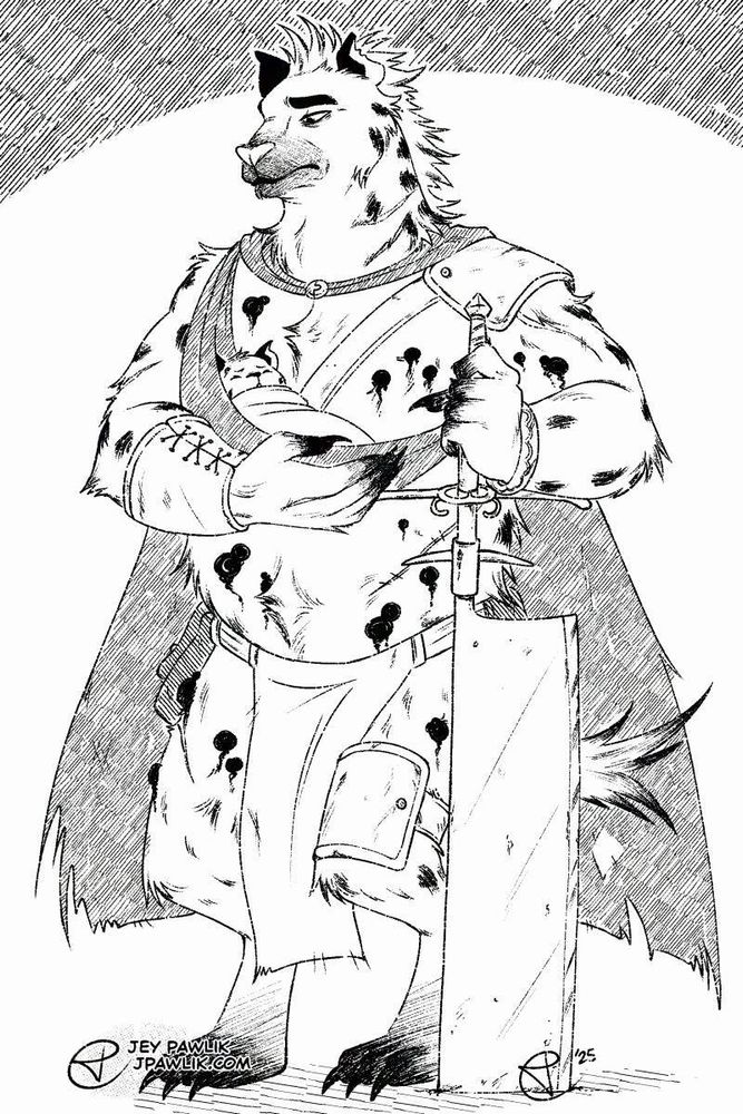 A male gnoll, covered in black, oozing sores and that also coat his claws and tail, clad in a ragged cloak and cobbled together armor. He stands with a giant cleaver in his left hand, embedded in the ground. In his right he holds a baby gnoll in a single. The adult has a sad look covering his face.