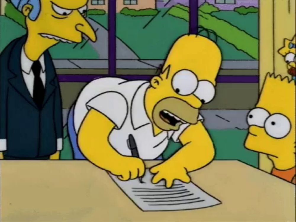 homer simpson is signing a document while bart simpson looks on