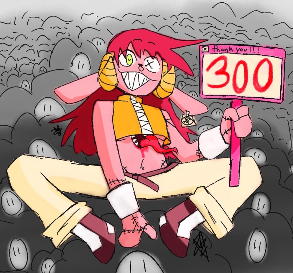 my sona in a huge flock of sheep holding a sign that says "thank you! 300" 