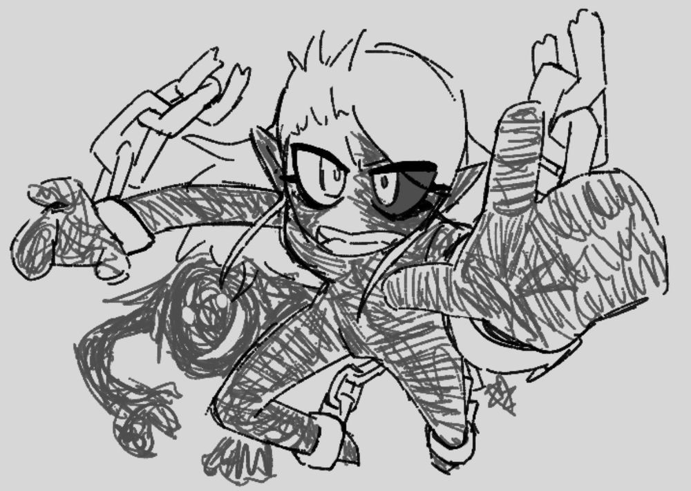 Mika, covered in shadow with chains on him, lunging toward the viewer