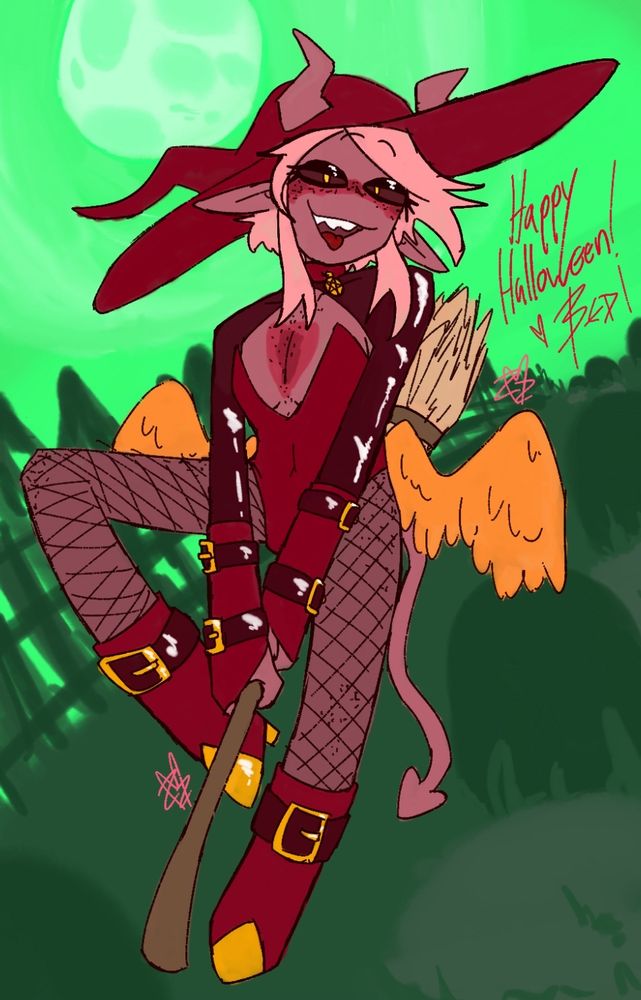a light red skinned tiefling in a leather "witch" outfit, fit with fishnet stockings and a chest window, riding a broom through a graveyard.

text says "happy halloween <3 Bedi"