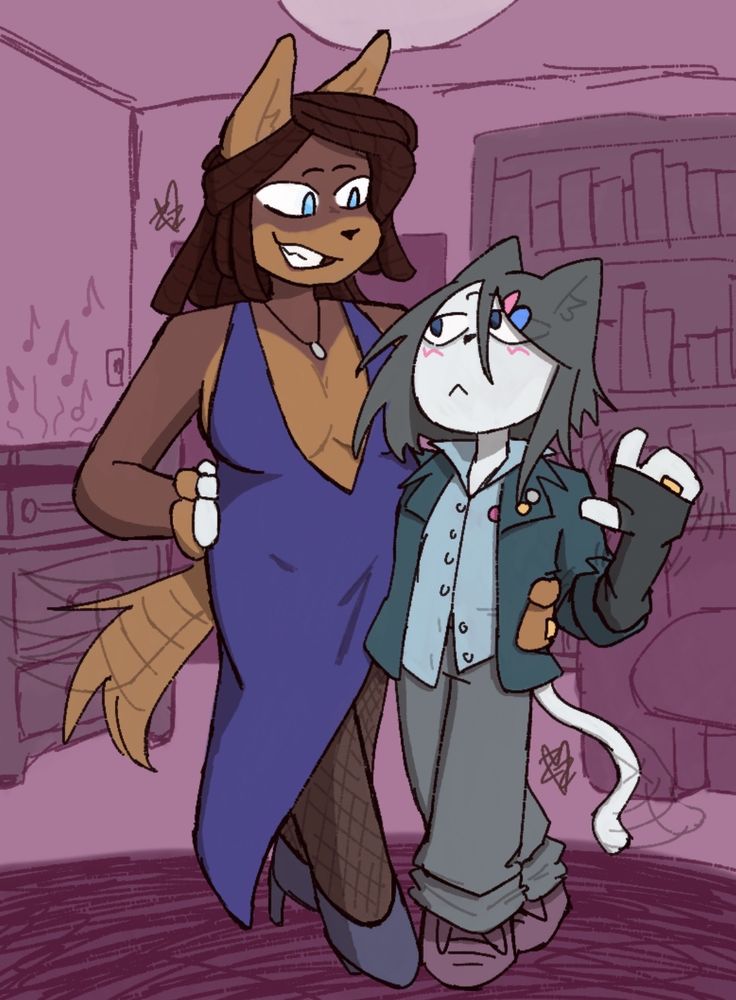 a dog woman wearing a purple dress, tail wagging as she dances with a shorter cat enby, wearing some scruffy formal clothes and tail also wagging