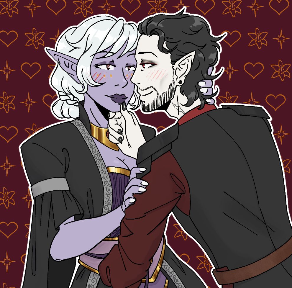 a drawing of a man and woman couple drawn over the YCH base i posted previously. the woman is a drow with purple skin, silver hair, and a black gown with golden accents. the man is a pale vampire with slicked back black hair, and formal dark red and black clothes.