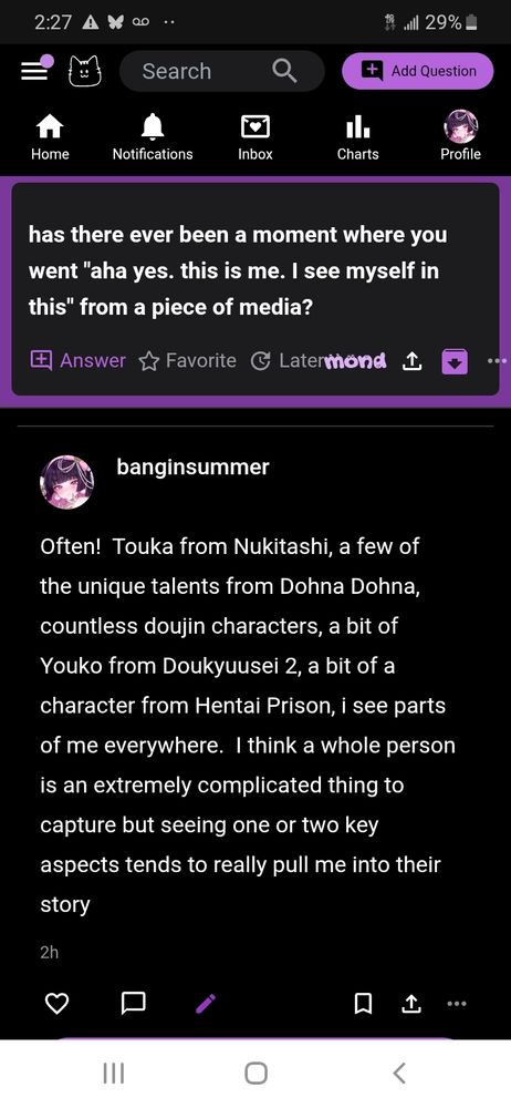 Anonymous asks: has there ever been a moment where you went "aha yes. this is me. I see myself in this" from a piece of media?

Kat's reply:
Often! Touka from Nukitashi, a few of the unique talents from Dohna Dohna, countless doujin characters, a bit of Youko from Doukyuusei 2, a bit of a character from Hentai Prison, i see parts of me everywhere. I think a whole person is an extremely complicated thing to capture but seeing one or two key aspects tends to really pull me into their story

