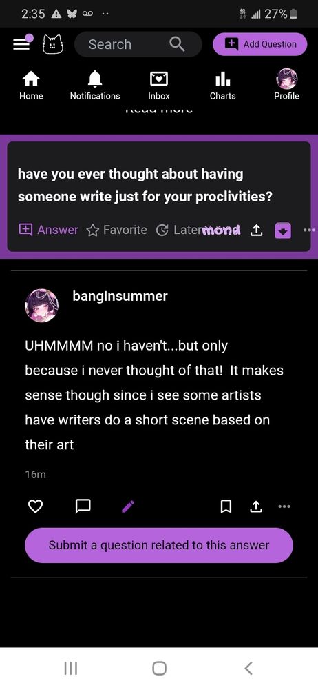Anonymous asks:
have you ever thought about having someone write just for your proclivities? 

Kat's reply:
UHMMMM no i haven't...but only because i never thought of that! It makes sense though since i see some artists have writers do a short scene based on their art

