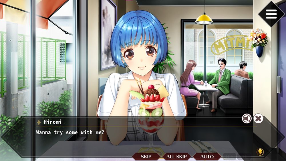 Hiromi, a woman with a short, blue bob cut, a cross-striped off-white vest, and a white blouse stares at you across the table at a cafe with a light, sweet smile.  She has ordered a large parfait with melon, chocolate pocky, strawberries, grapefruit and orange slices, kiwi, and various layers of fruity or sweet cream all with a cherry on top.  She asks nonchalantly, "Wanna try some with me?"  Her silverware on a napkin atop the table and the parfait are untouched so far.  In the background, a Charlie Chaplin-lookalike sits with a lady in a booth with dark gray cloth seating.