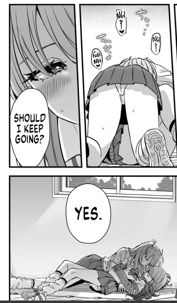 The blonde gyaru Yurika is propped up over the gyaru with colored hair lying flat on her back while sounds of light moaning and kissing fill the space.  Yurika interjects: "should i keep going?" and her new play partner confidently agrees, "yes."