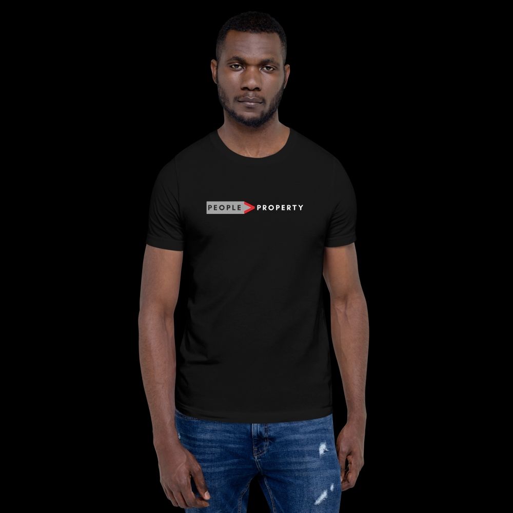 Model showing the "People > Property" logo on a T-shirt.