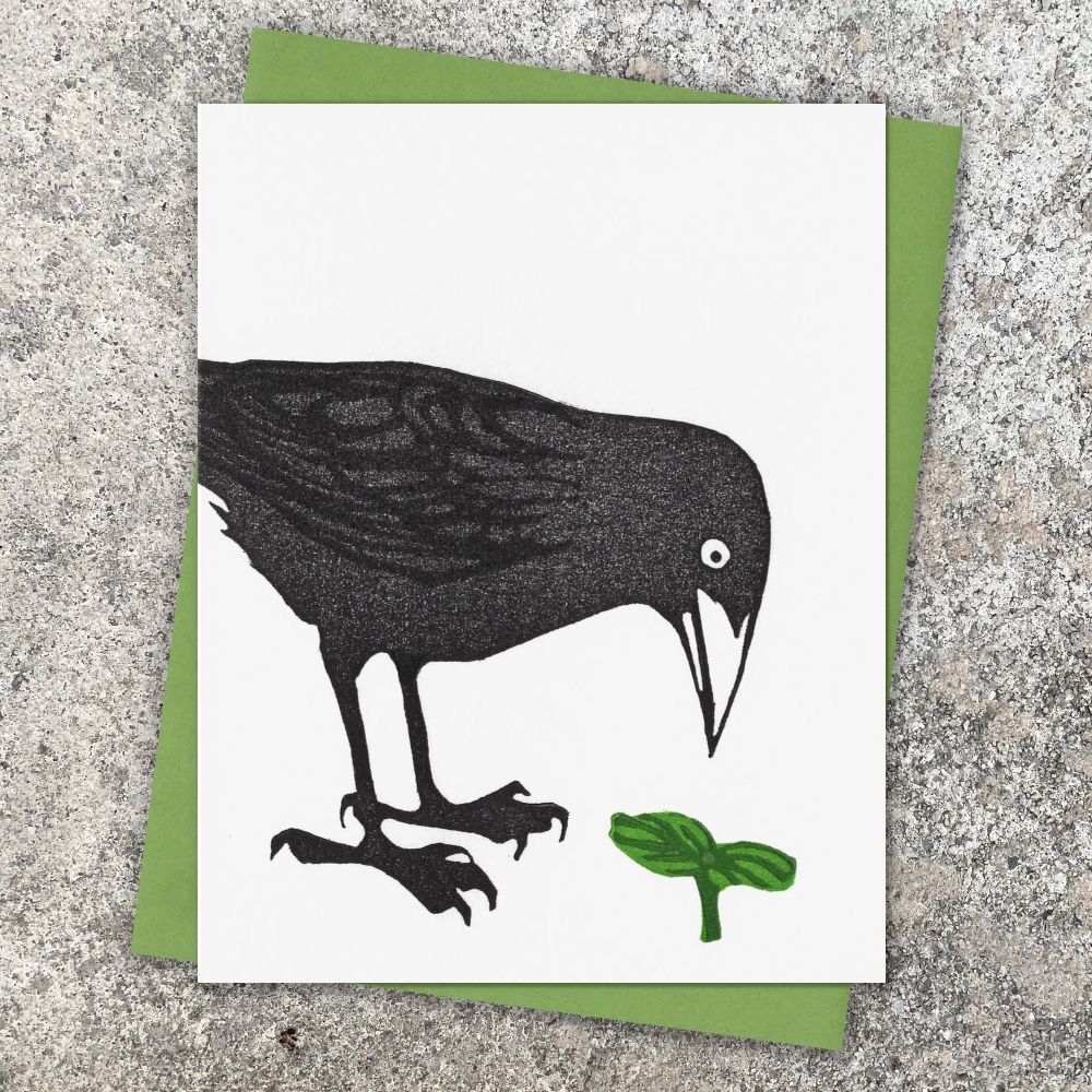 Grackle looking at a cucumber sprout. Original block print greeting card.