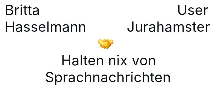 🤝-Meme:
Text linke Seite: Britta Hasselmann
Text rechte Seite: User Jurahamster
Darunter zwischen beiden Blöcken ein 🤝
Text darunter: Halten nix von Sprachnachrichten