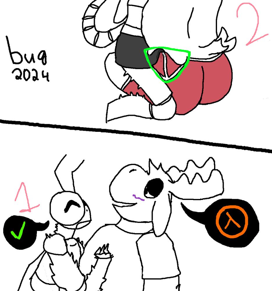 a damselfly and a moose sona, beginning a chat about half life whilst in frottage - still wearing underwear